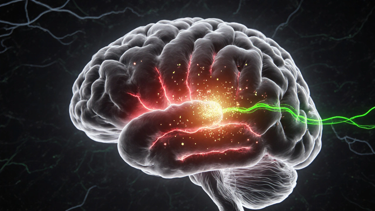 3D view of dopamine flow from VTA to nucleus accumbens.