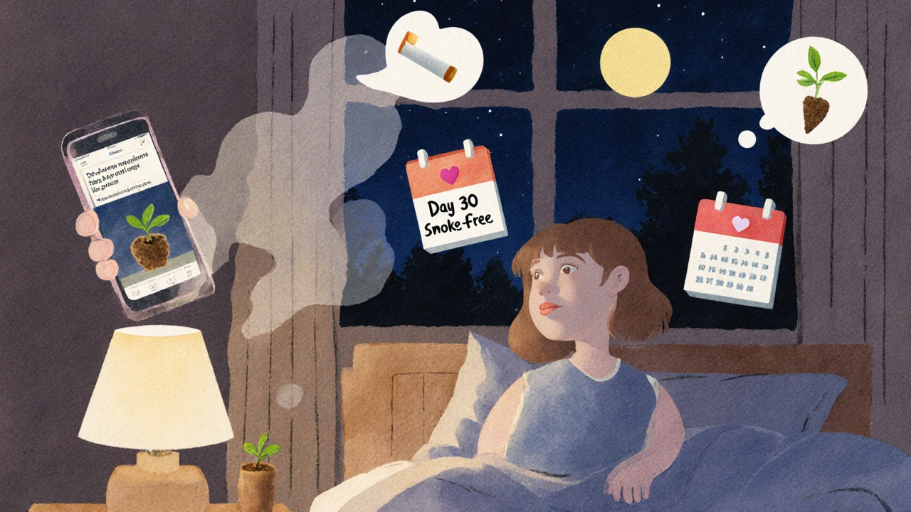 A peaceful nighttime scene with quit-smoking icons and a growing plant symbolizing progress.