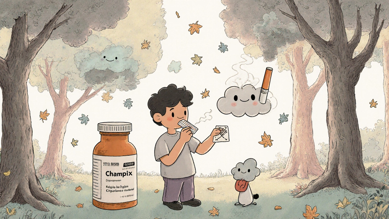 A person surrounded by smoking cessation tools like patches, gum, Champix, and e-cigarettes in a dreamy forest.