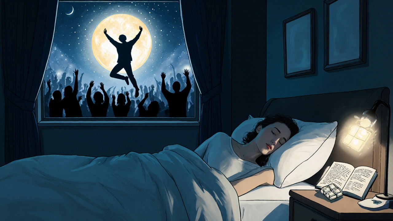 An artist sleeping with a glowing pill organizer, their shadow transformed into a radiant figure dancing on a global stage.