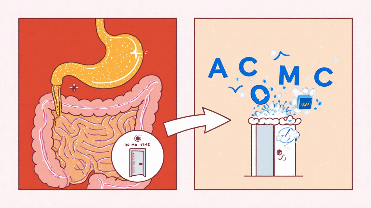 Cartoon digestive tract shows pill dissolving in stomach and binding with calcium in duodenum.