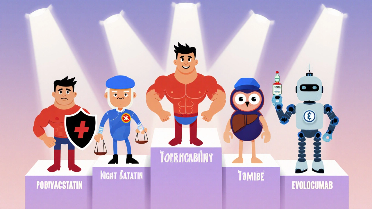 Cartoon drug characters representing rosuvastatin, atorvastatin, simvastatin, pravastatin, ezetimibe and evolocumab on a podium.