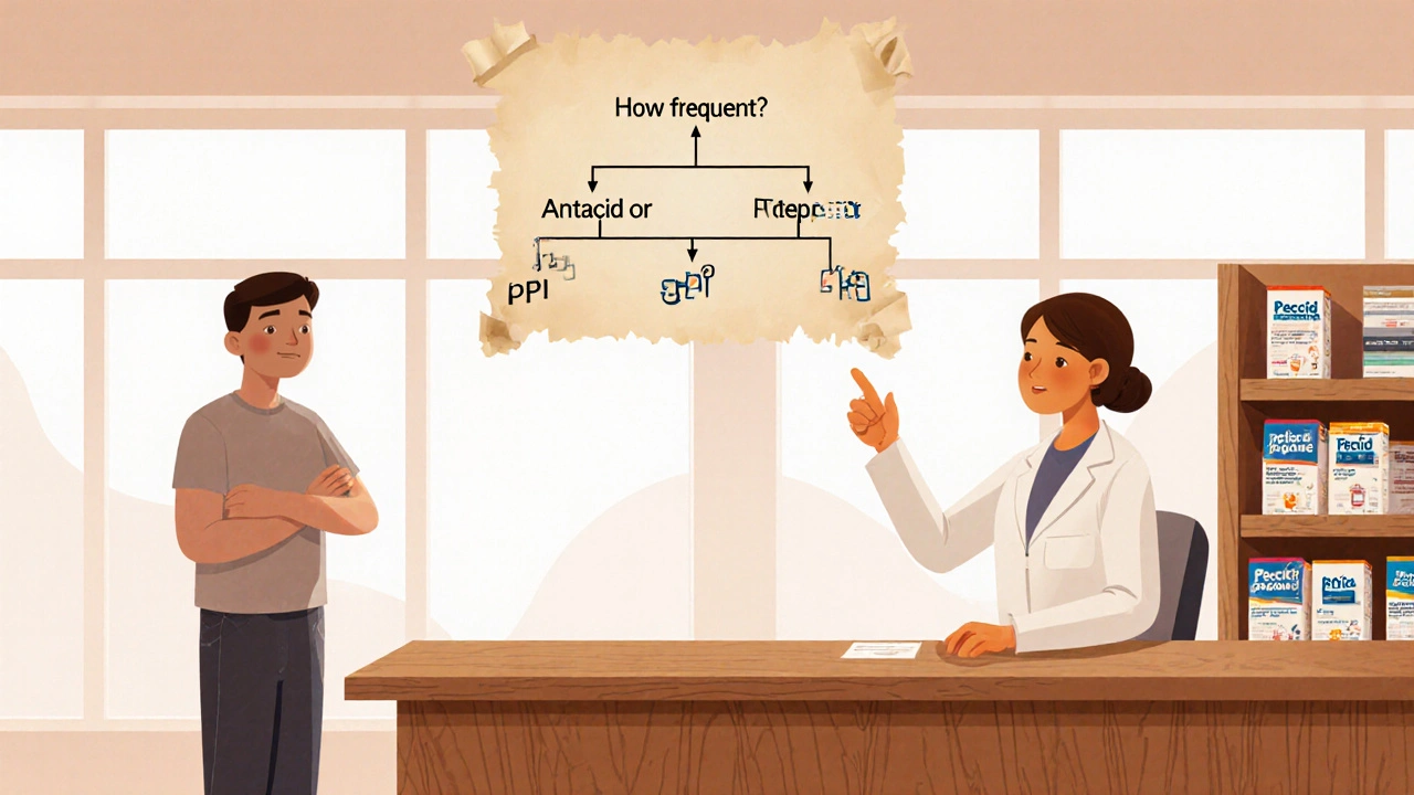 Cartoon pharmacist advising a customer with a decision‑tree diagram at a pharmacy counter.