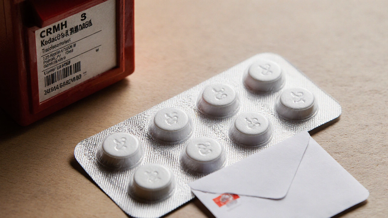 Close-up of sealed blister pack of generic quetiapine next to a Royal Mail postbox.