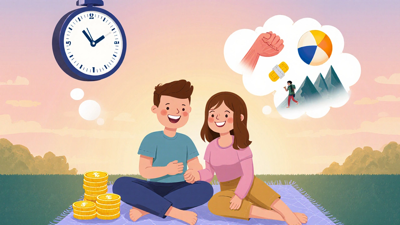 Couple on a blanket under sunset, clock showing 36 hours, coins and muscle icon nearby.