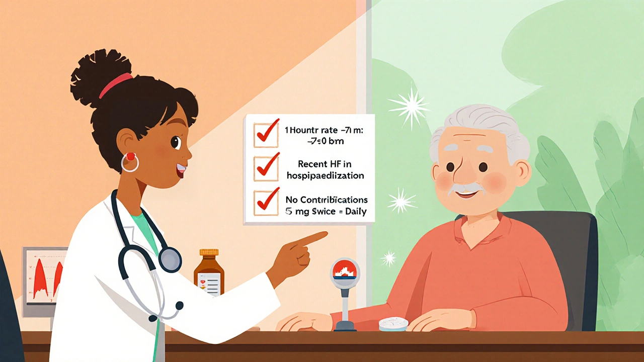 Doctor and elderly patient discuss ivabradine dosing, with a simple chart and gentle visual side‑effect sparkles.