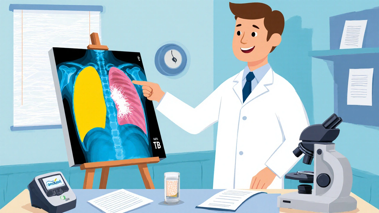 Doctor pointing at X‑ray showing TB cavity and COPD emphysema with medical tools on desk.