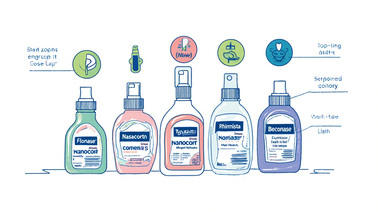 Five nasal spray bottles displayed with icons for potency, price, OTC/prescription, and side effects.