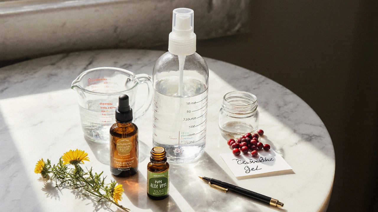 Flat lay of DIY spray bottle with water, chamomile oil, tea tree oil, aloe gel, and witch hazel.
