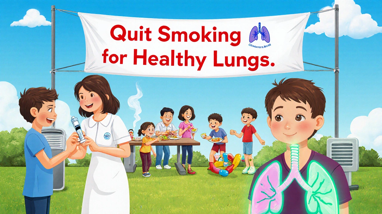 Health fair with vaccine, anti‑smoking banner, nutritious food and person breathing easily.