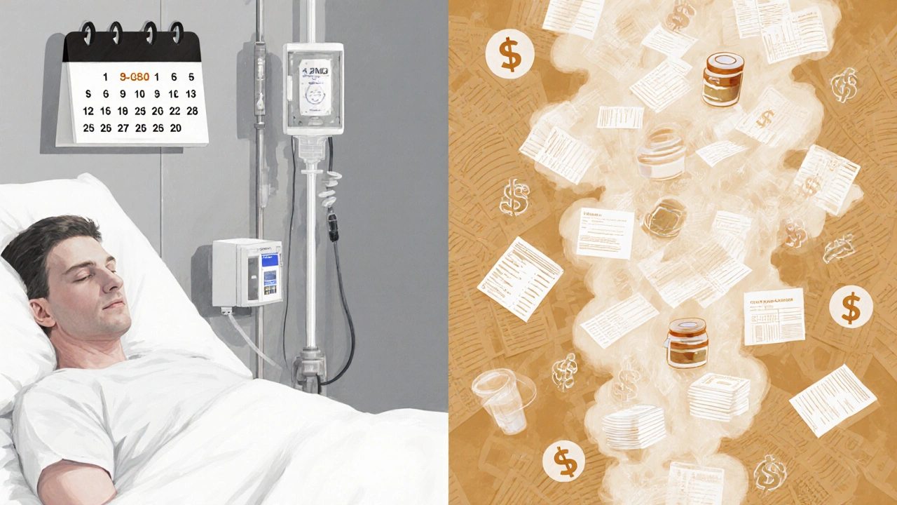 Hospital room showing patient on long stay beside floating financial symbols.