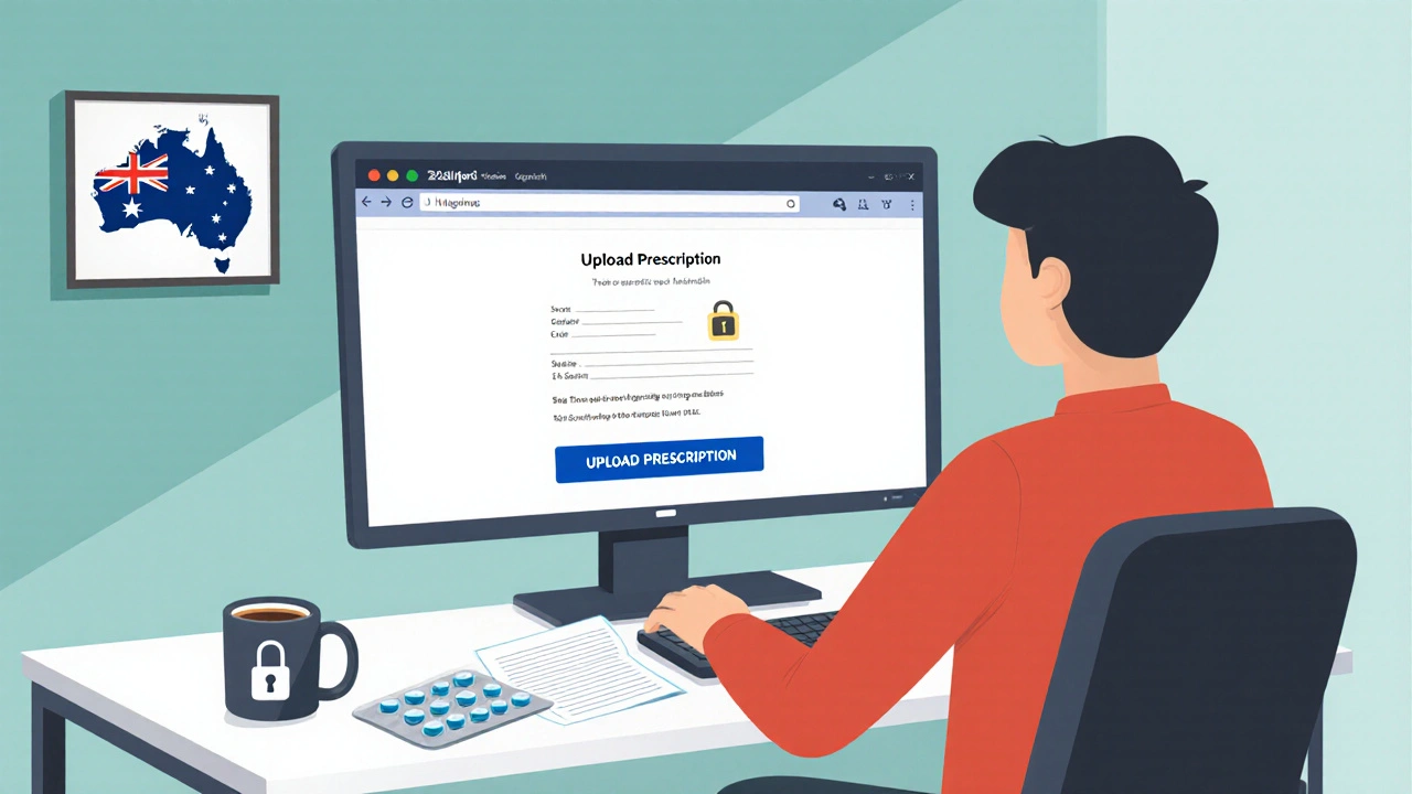 Illustration of a person uploading a prescription on a secure online pharmacy site.