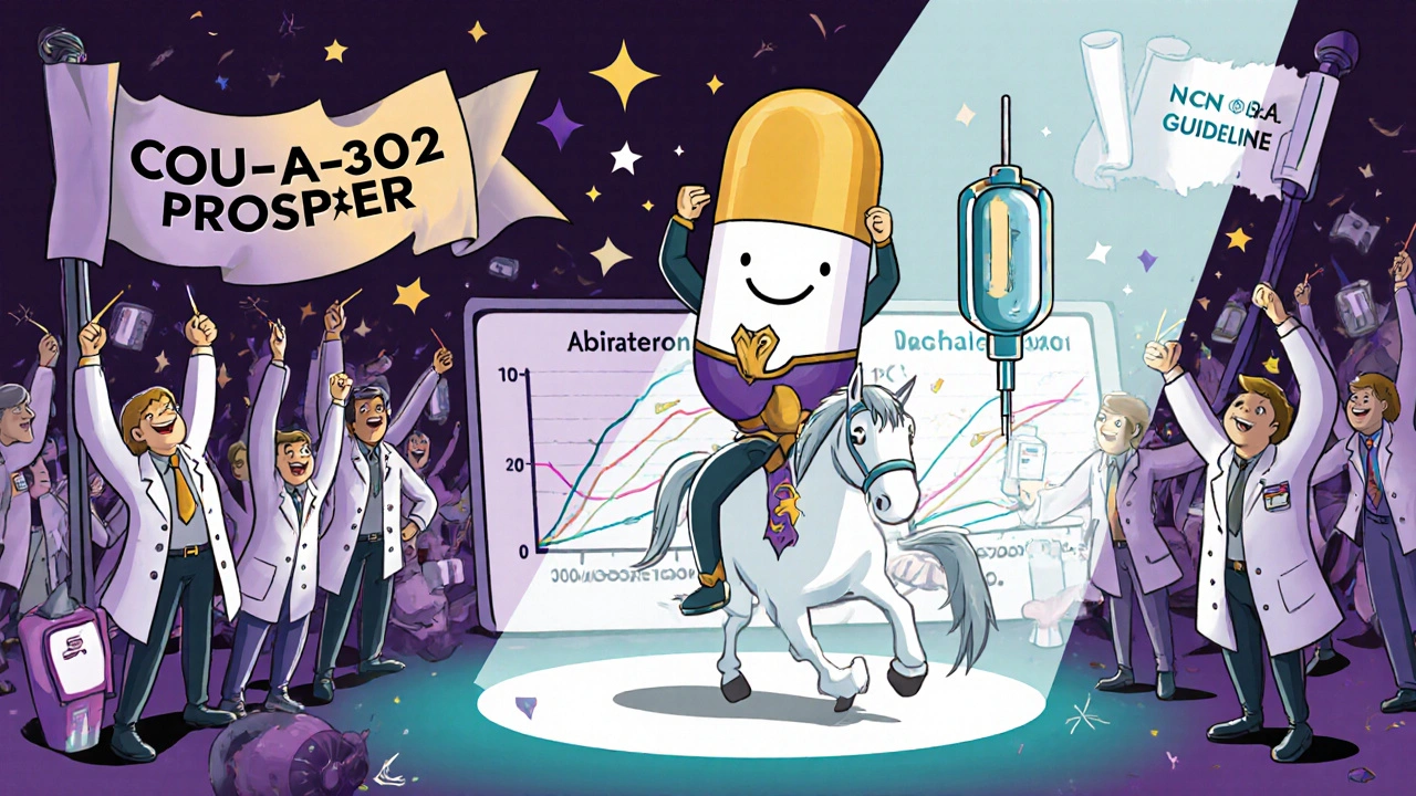 Lab scientists celebrate trial results while abiraterone pill rides past IV chemo drip.