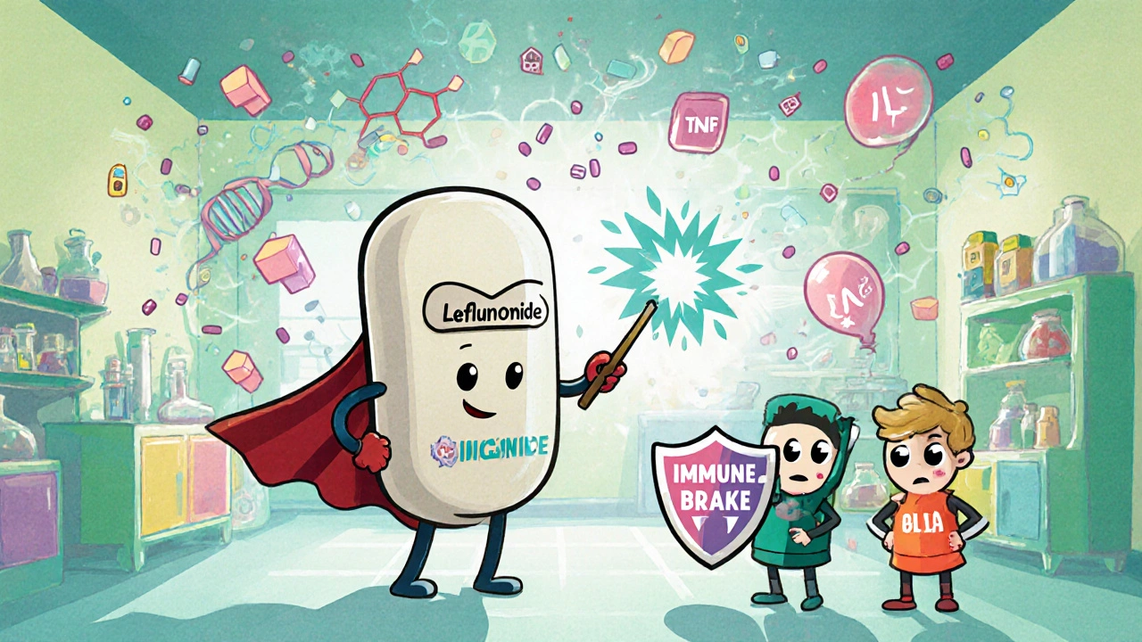 Leflunomide pill acting as a superhero stopping T and B cells and cytokines.