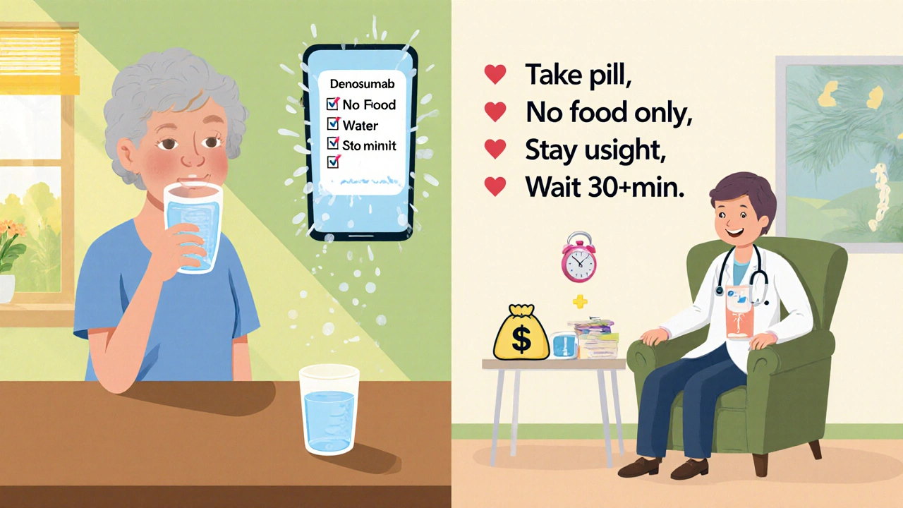 Left: woman follows water‑only rule and waits; right: doctor gives an injection as an alternative.