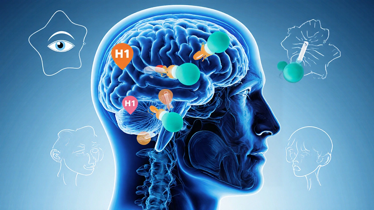 Medical illustration of promethazine molecules blocking H1 receptors in a semi‑transparent brain, with allergy symptoms illustrated.