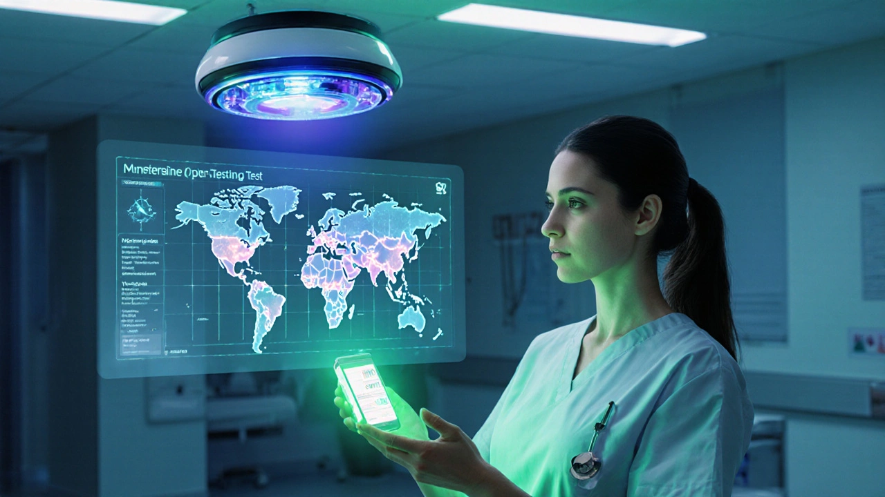 Nurse using handheld PCR device with AI hologram and UV‑C robot in a futuristic ward.