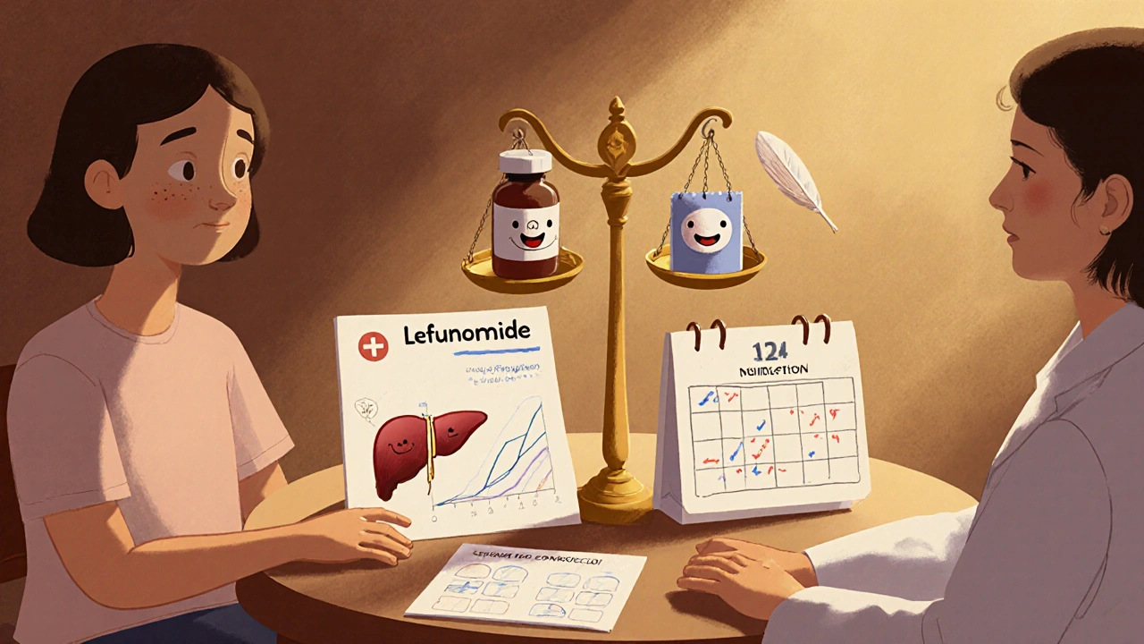 Patient and doctor reviewing medication, liver chart, and contraception reminders.