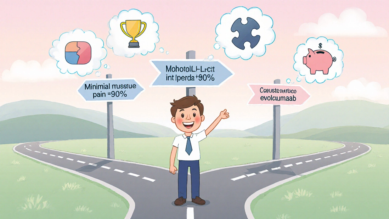 Patient at a crossroads with signs for major LDL cut, low interactions, minimal muscle pain, and budget‑friendly options.