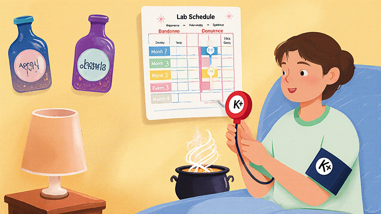 Patient checks blood pressure and potassium, with potion bottles hinting future combos.