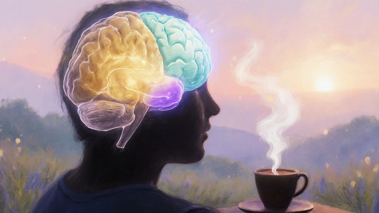 Person meditating with brain overlay highlighting calming regions.