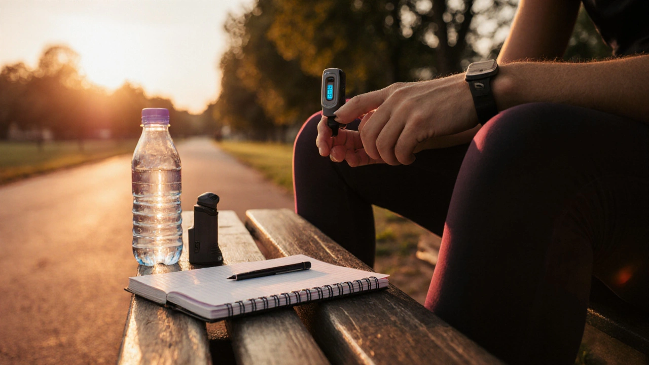 Person seated on a bench at sunset checking a pulse oximeter and logging workout details.
