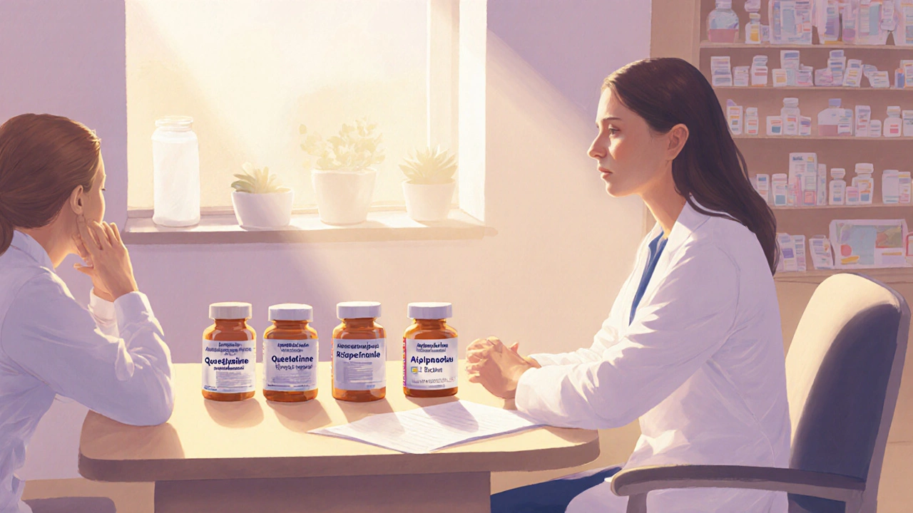 Pharmacist discussing medication options with a patient, showing three pill bottles.