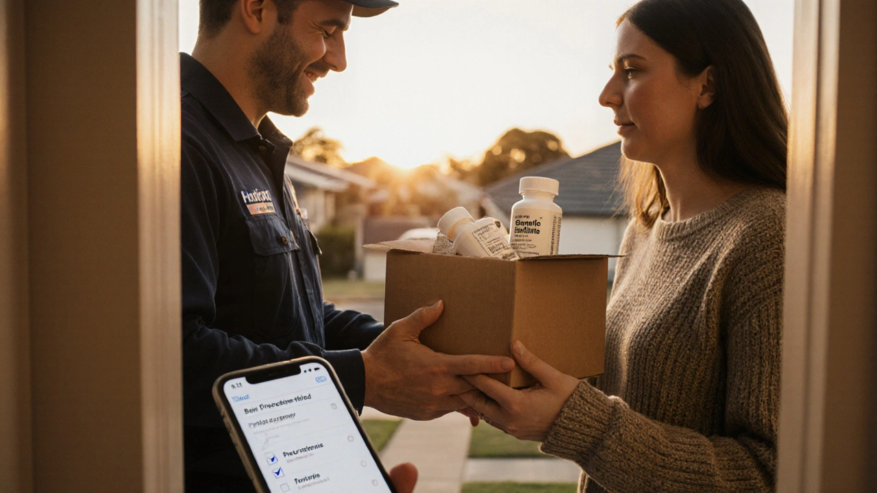 Photo of a delivery box with generic Zoloft being received at a doorstep, showing batch number.