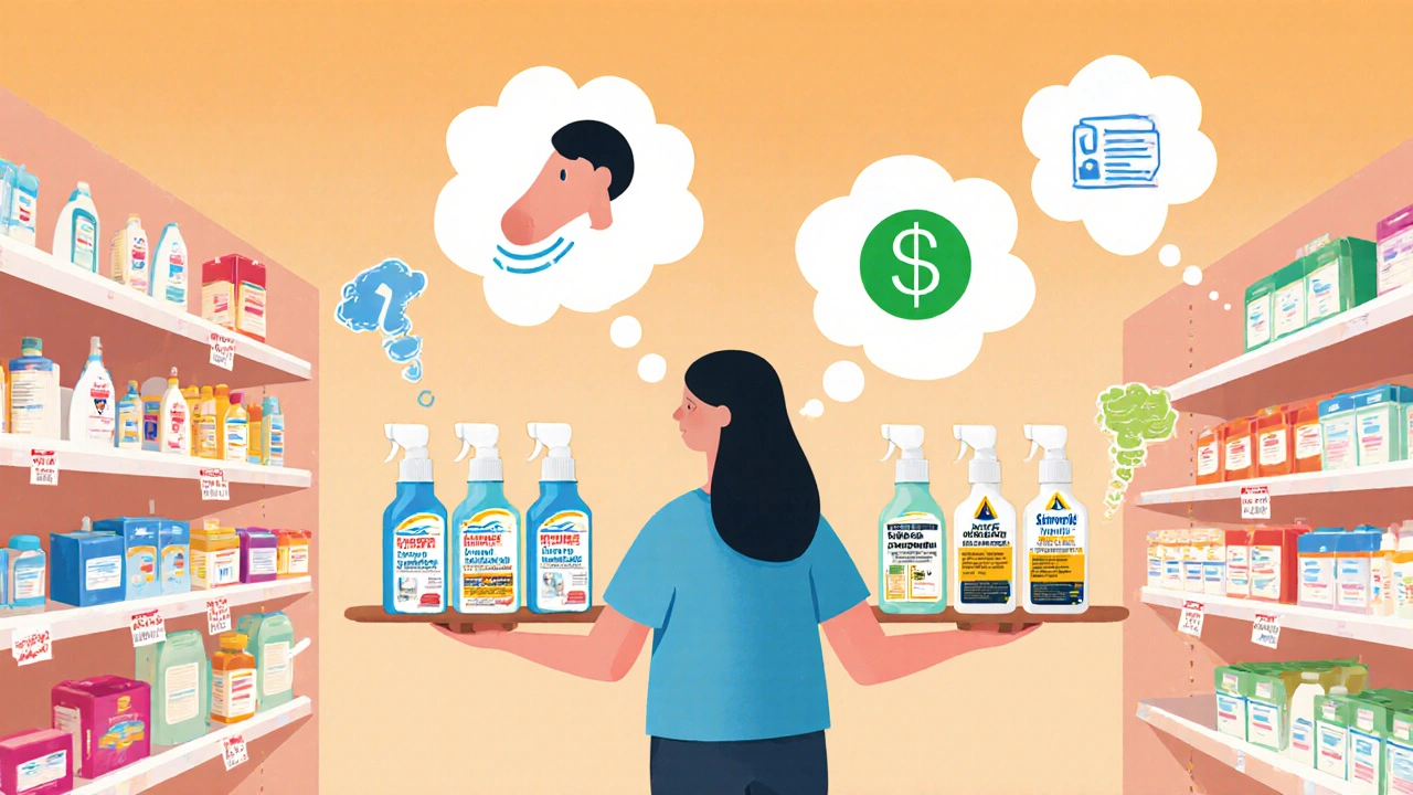 Shopper in pharmacy weighing factors like cost and symptom severity while choosing a nasal spray.