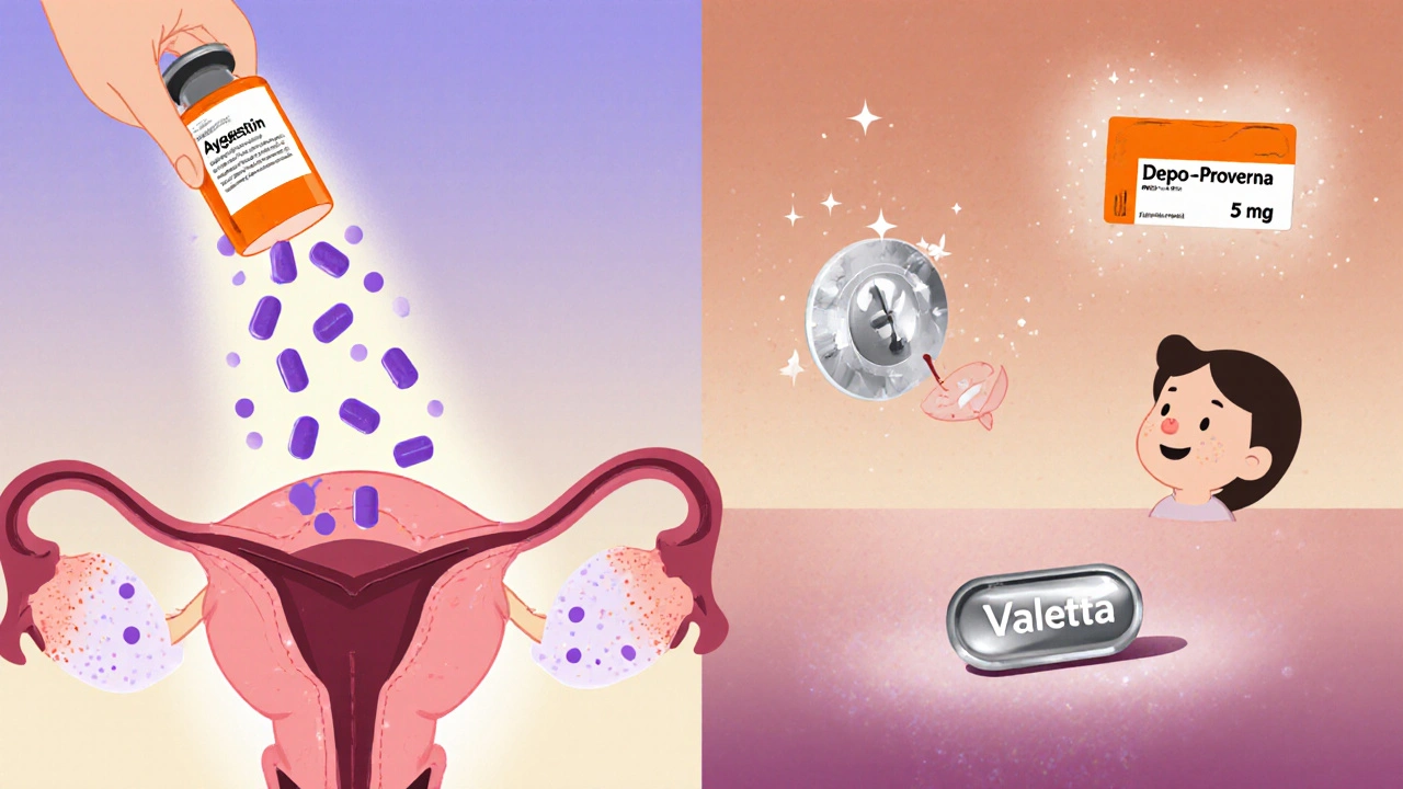 Split scene showing Aygestin tablets shrinking endometriosis spots and other progestins represented by a syringe, IUD, and tablet.