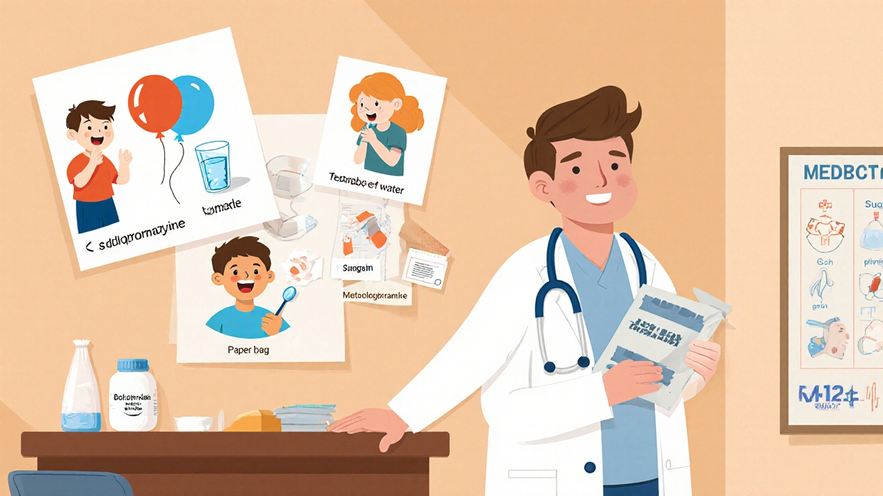 Storybook doctor’s office with home remedies and medication for hiccups.