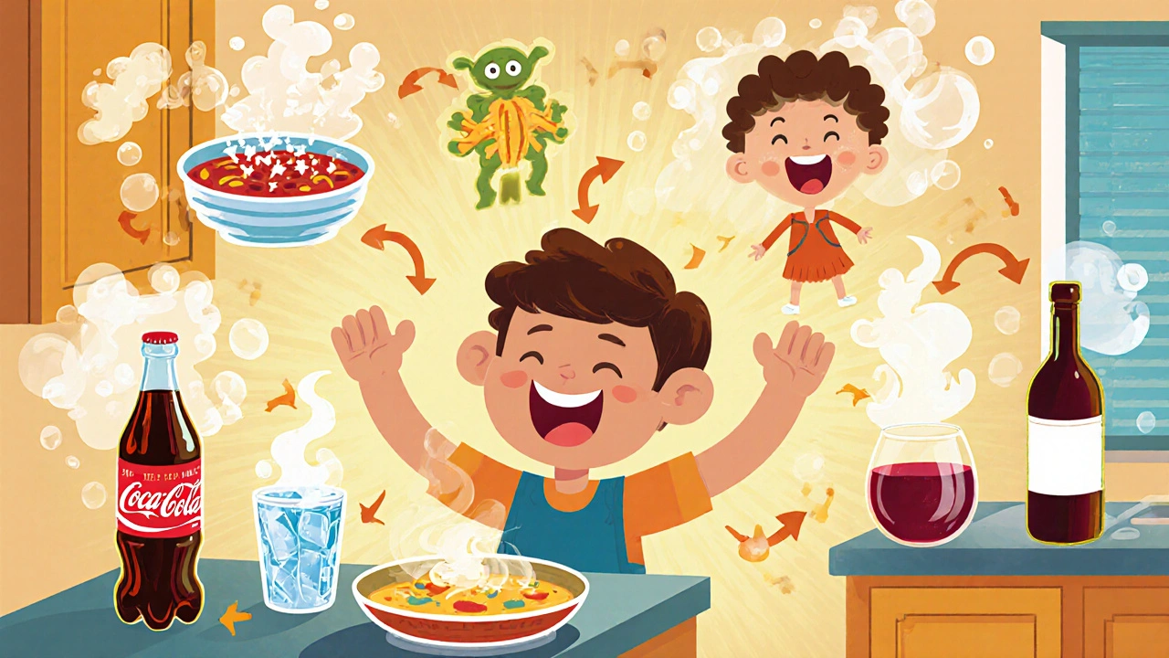 Storybook kitchen scene showing soda, soup, cold drink, laughing friend, and wine as hiccup triggers.