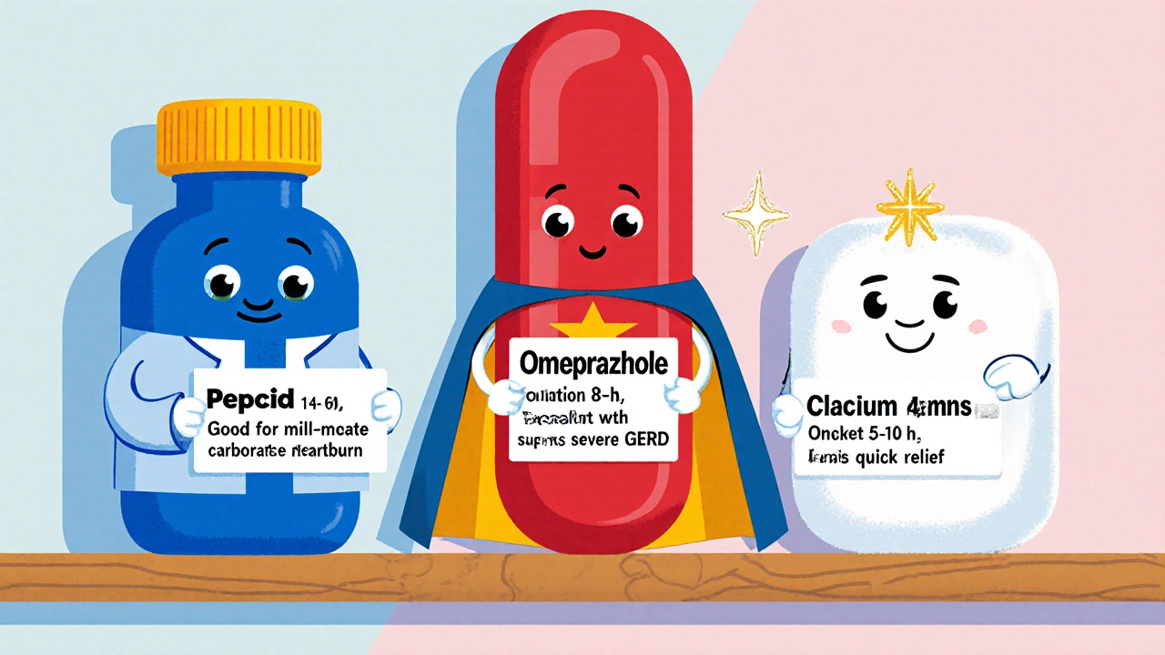 Three cartoon drug characters (Pepcid, Omeprazole, calcium carbonate antacid) showing key facts on a shelf.