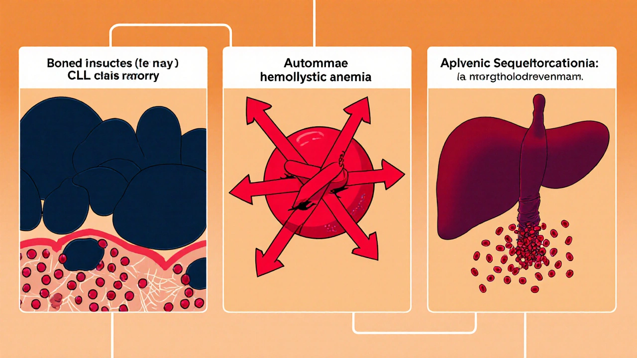 Three panels: marrow crowding, antibody attacking red cell, spleen trapping red cells.