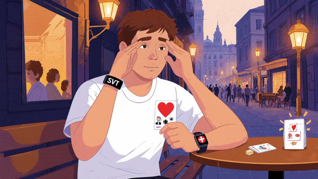 Traveler performs a vagal maneuver on a foreign street, wearing a medical bracelet.