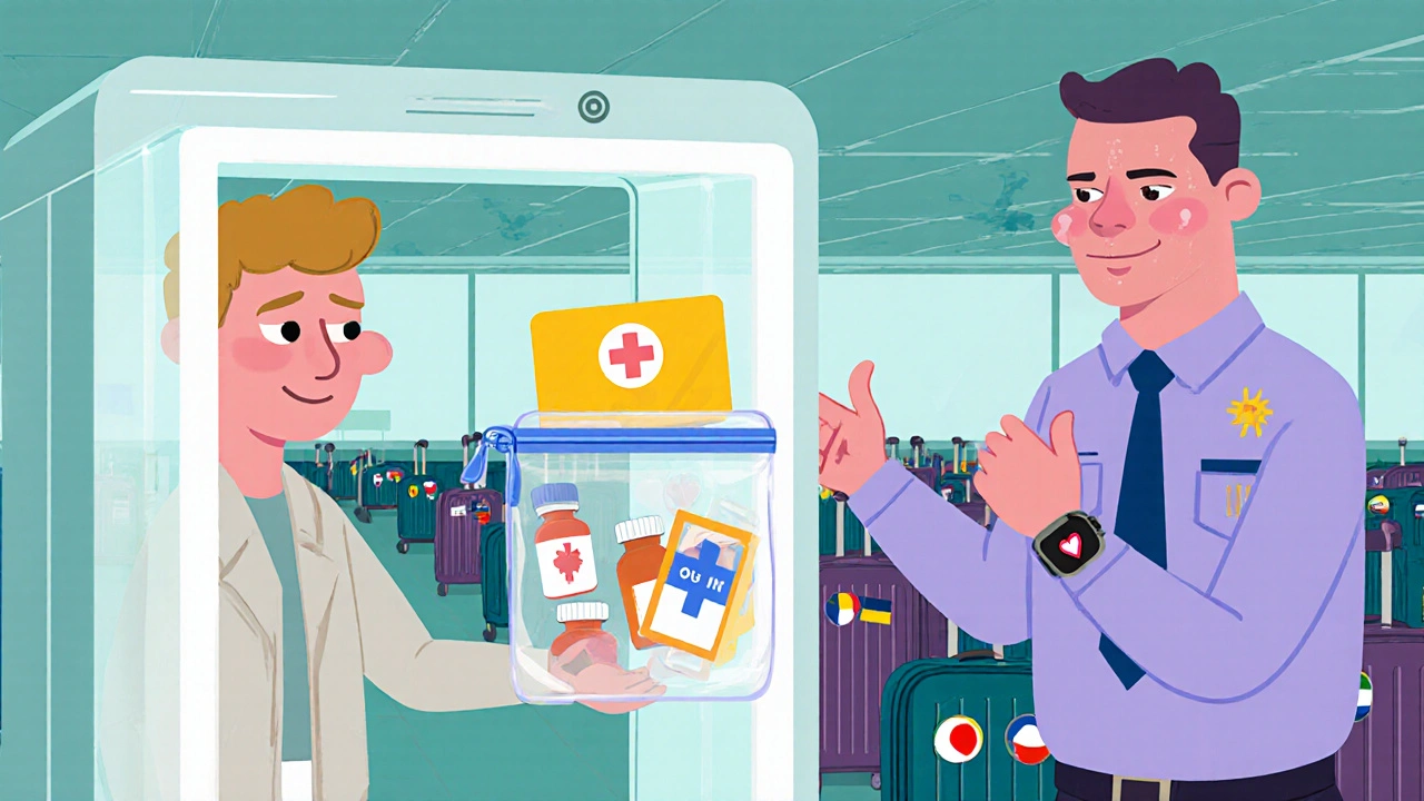 Traveler shows medication pouch and smartwatch at airport security.