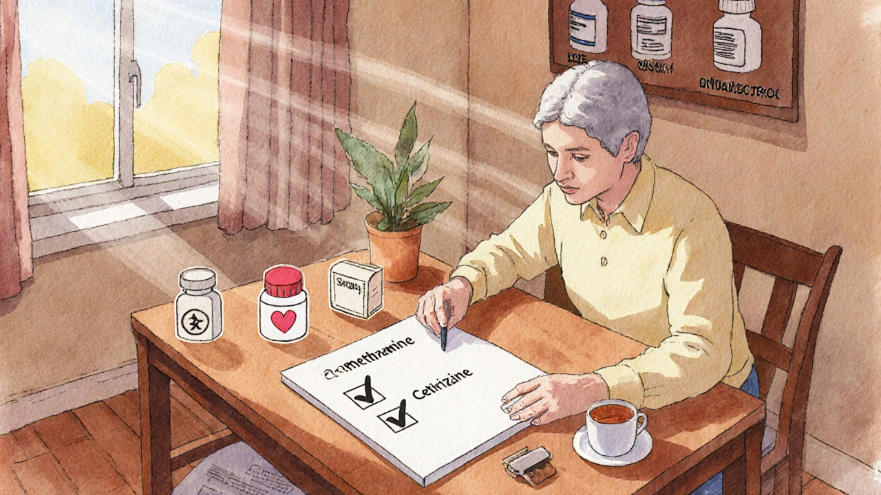 Warm illustration of a person reviewing a medication decision checklist at home, surrounded by icons for cost, safety, and effectiveness.