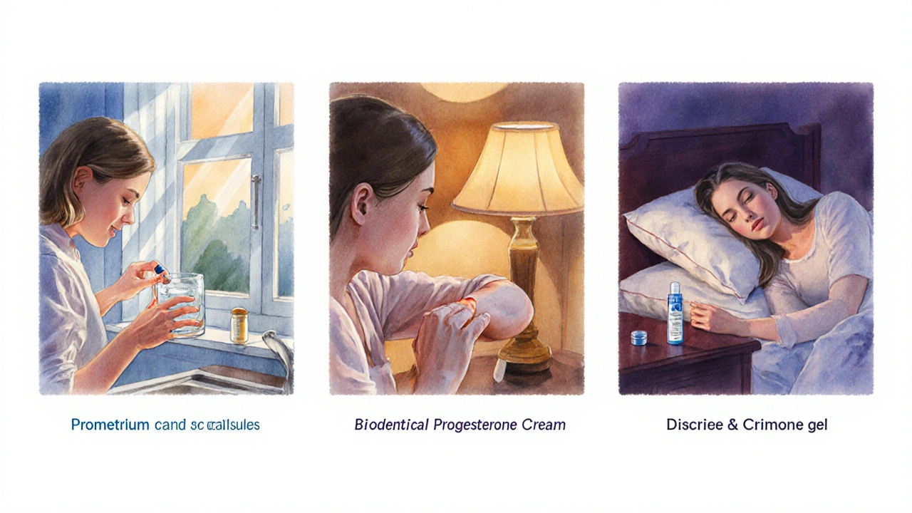 Watercolor scenes of a woman taking a capsule at breakfast, applying cream at night, and using vaginal gel before bed.