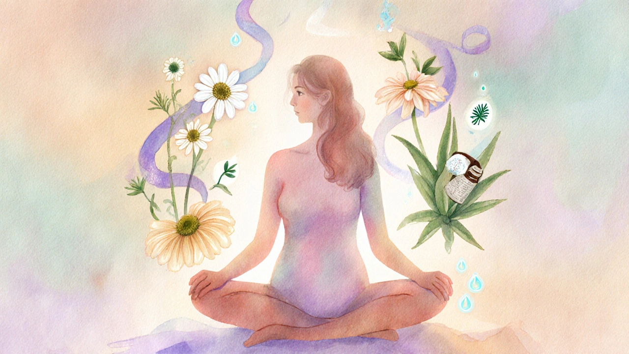 Watercolor silhouette surrounded by glowing herbal elements representing soothing relief.