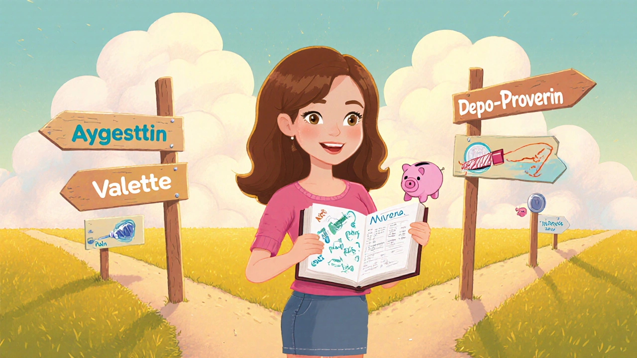 Woman at a cloud crossroads choosing between different progestin options, holding a diary and a piggy bank.