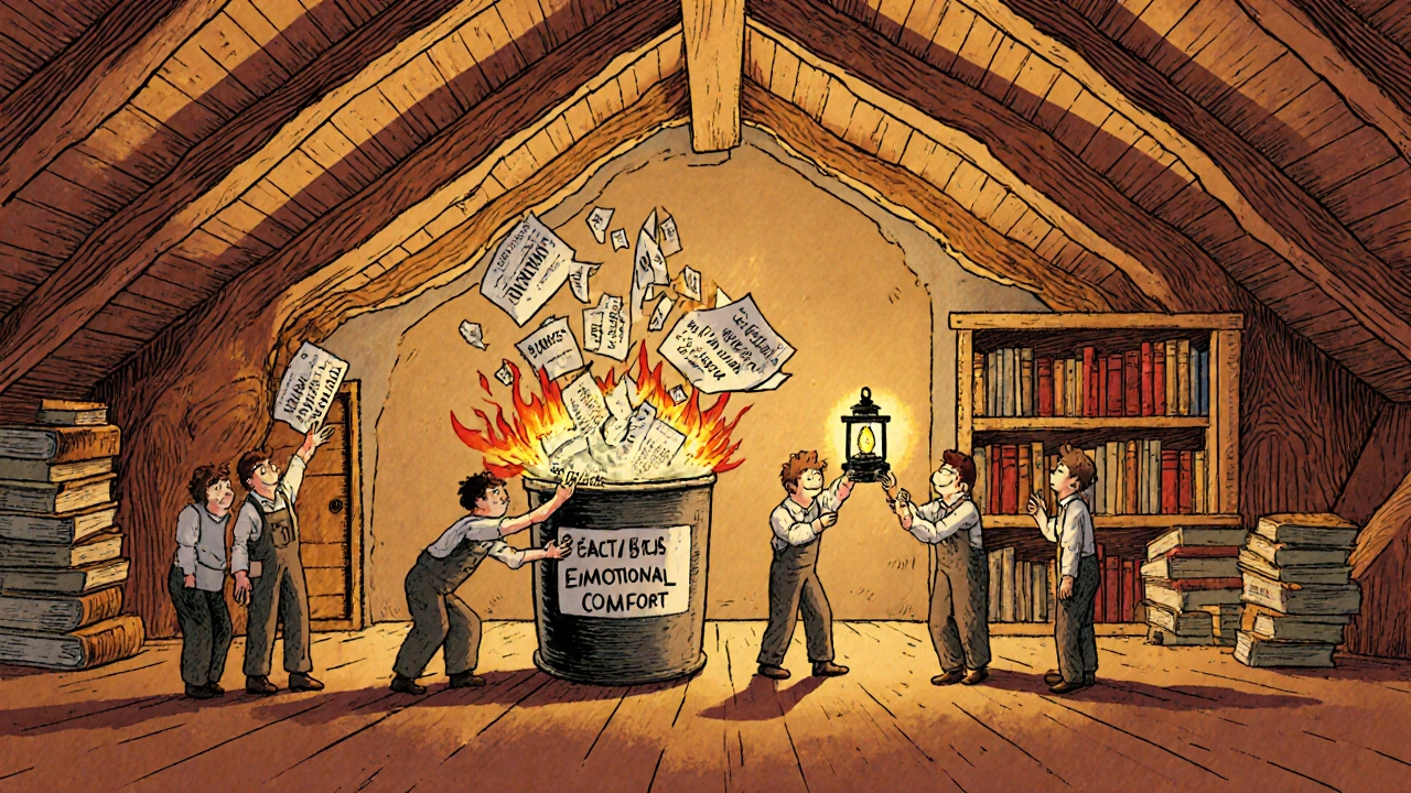 A brain depicted as an attic where beliefs are selectively preserved or discarded.