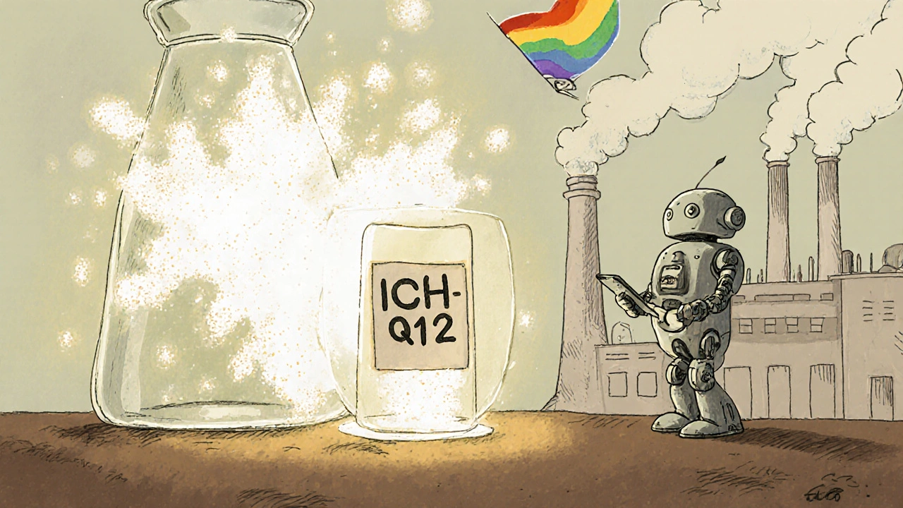 A bursting vial contrasts with a protected one, as a robot checks data under a shield labeled &#039;ICH Q12&#039; in a peaceful factory scene.