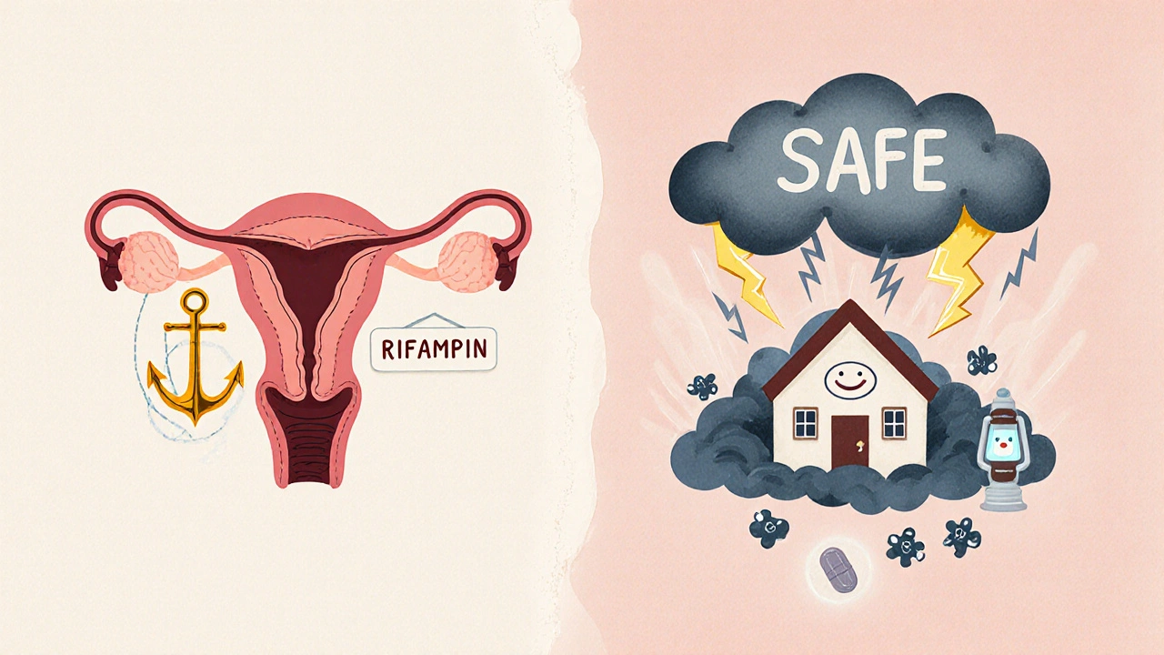 A copper IUD as a safe anchor in a uterus, while rifampin storms destroy birth control pills.