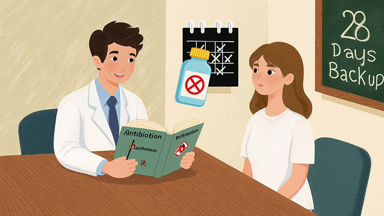 A doctor explains rifampin risks to a patient, with a book highlighting safe and unsafe antibiotics.