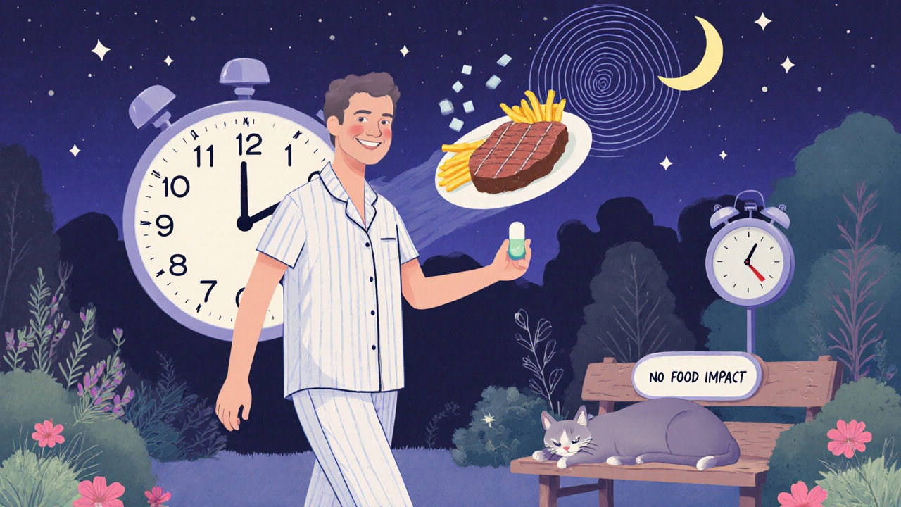 A man walking in a garden with a Cialis pill, surrounded by a 36-hour clock and a ghostly meal.