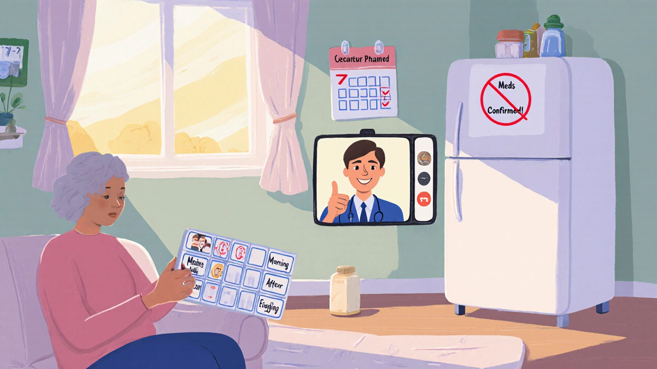 A patient organizing pills in a labeled box while talking to a pharmacist on a video call in a cozy home setting.