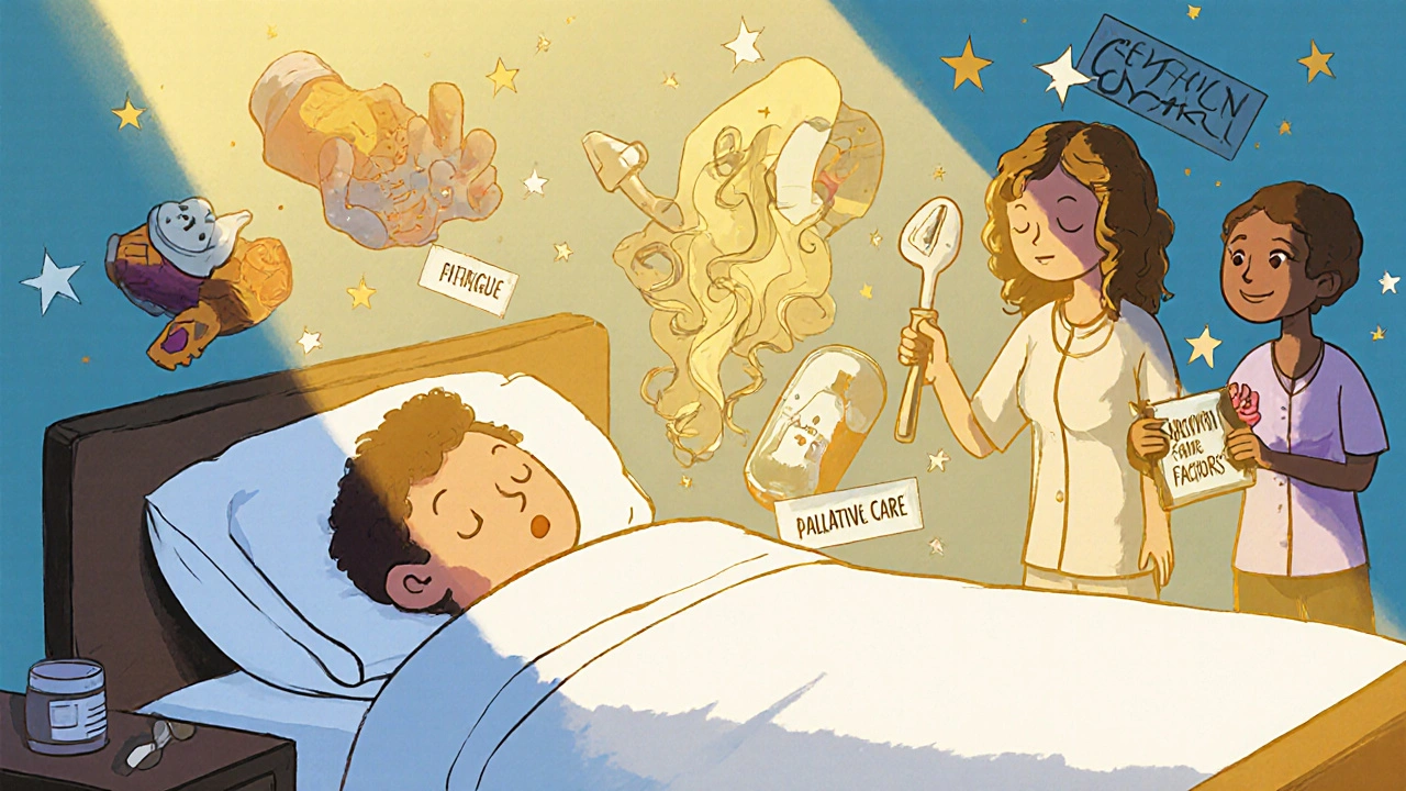 A patient surrounded by side effect symbols, gently supported by a care team with tools for managing chemotherapy effects.