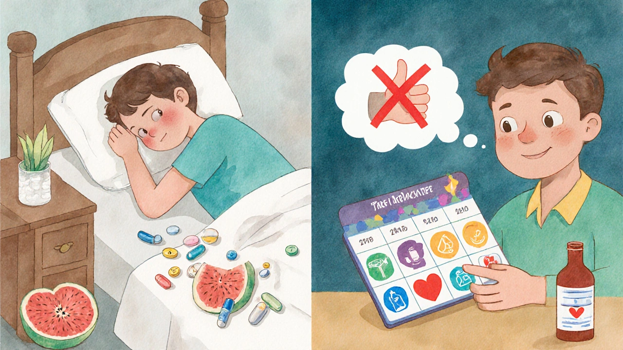 A patient uses a colorful pill organizer while a pharmacist appears in a thought bubble, replacing scattered pills.