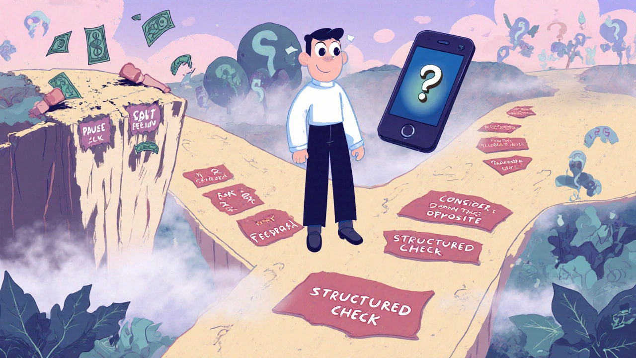 A person choosing between impulsive reactions and thoughtful pauses at a symbolic crossroads.