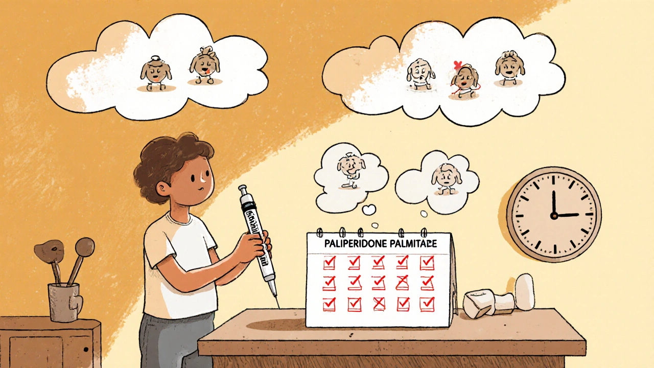 A person holding a monthly injection pen beside a calendar with checkmarks, floating symbols of stability and sleep above them.